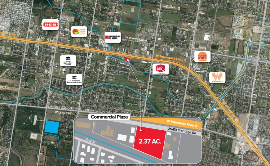 Map showing a commercial plaza layout with nearby businesses and major roads, highlighting a 2.37-acre property.