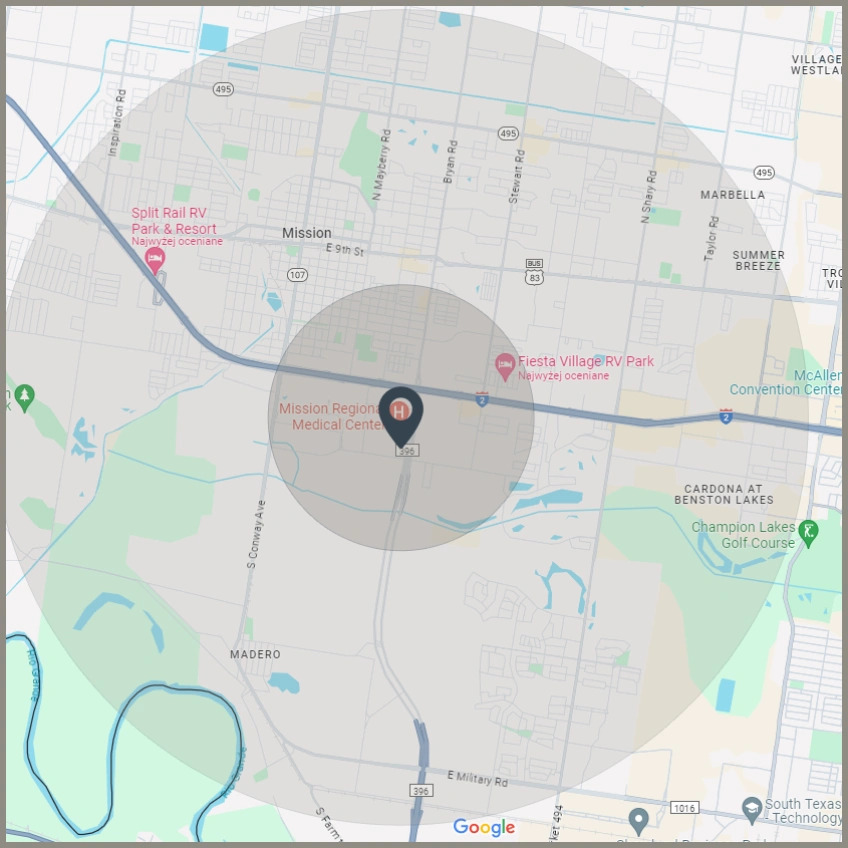 Map showing the area around Mission Region Medical Center, highlighting nearby RV parks and major roads.